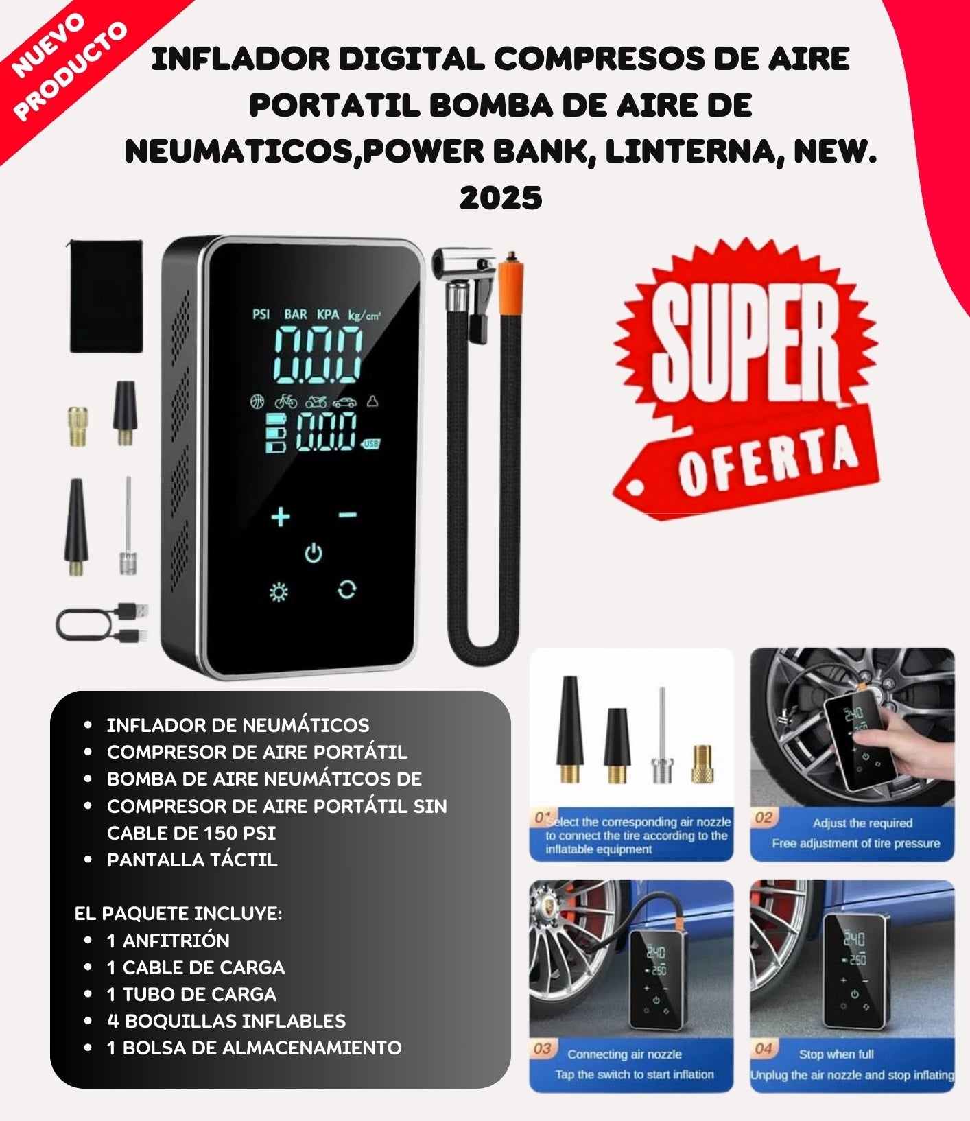 Compresor Aire Digital 4 En 1 Recargable